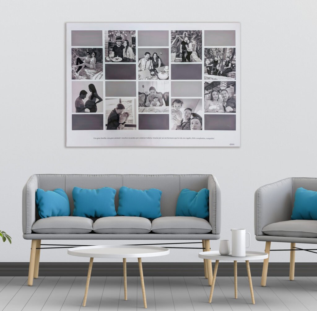 Mockup Canvas 120x90cm Sala gris con cojines azules